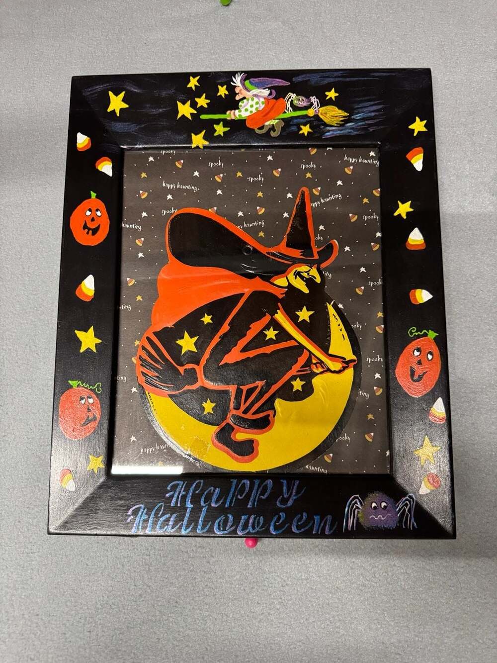 H.E. Luhrs Vintage Halloween Witch in Picture Frame Hand Painted